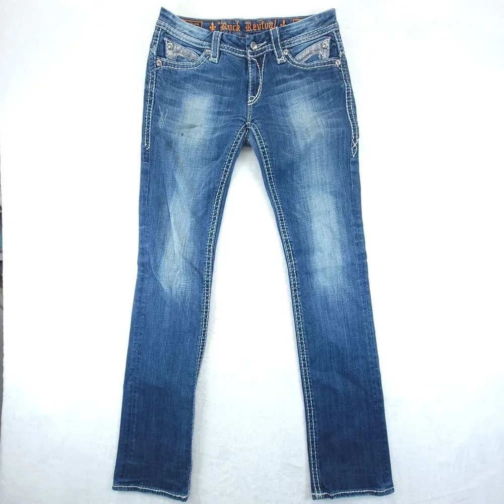 Rock Revival Jeans Womens 29 Sasha Straight Embellished *Flaw* - Picture 3 of 12